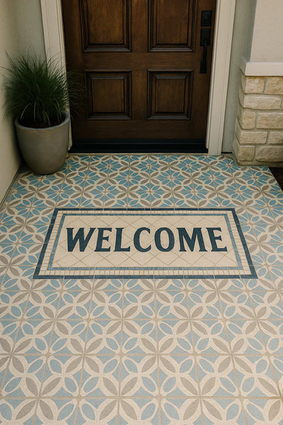 שלטי כניסה משולבים עם רצפה דקורטיבית – חוויה עיצובית שלמה